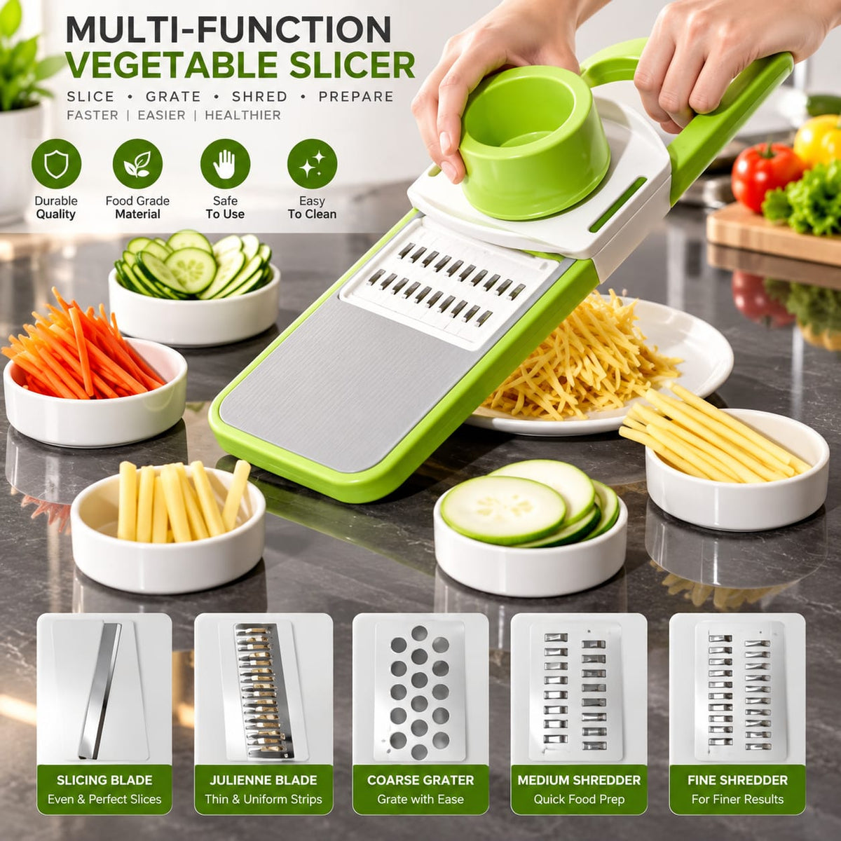 5 in 1 Vegetable Cutter and Slicer – Multifunctional Stainless Steel Slicer for Quick & Easy Food