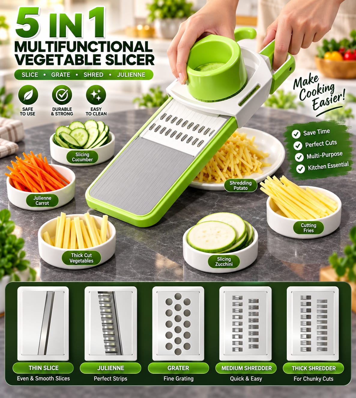 5 in 1 Vegetable Cutter and Slicer – Multifunctional Stainless Steel Slicer for Quick & Easy Food